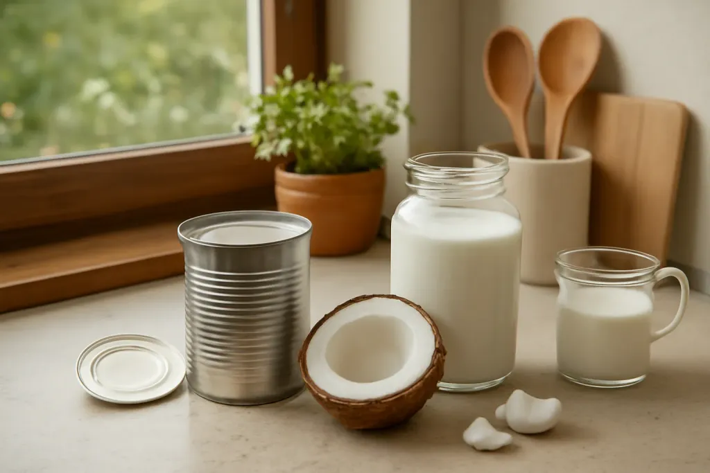 Editorial photo illustrating canned vs fresh coconut milk