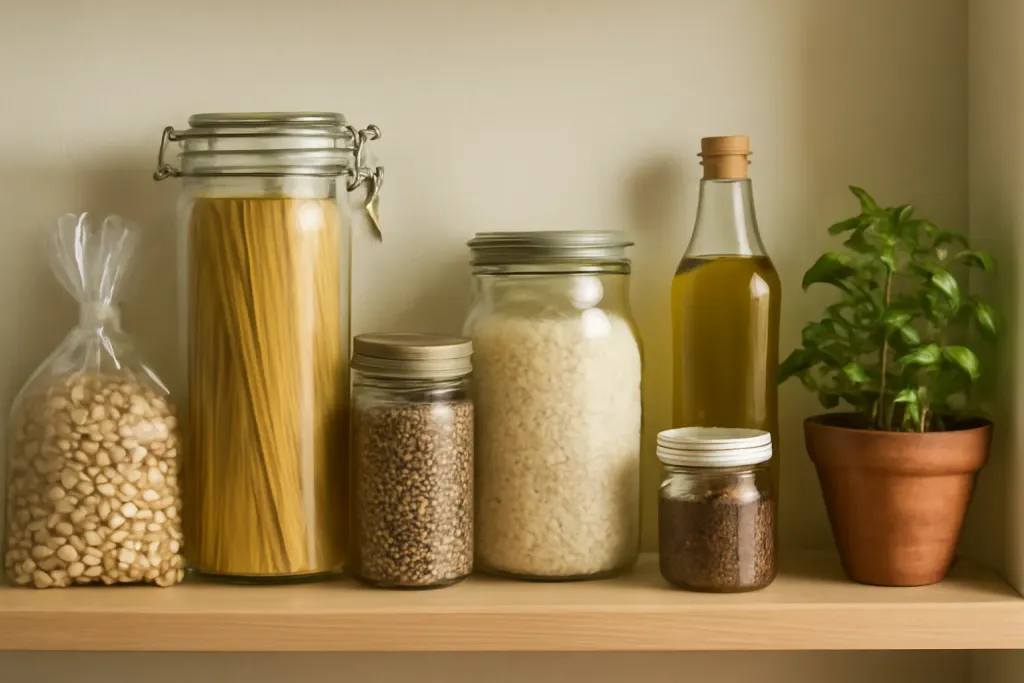 Assorted jars, bottles, and bagged staples arranged on a pantry shelf