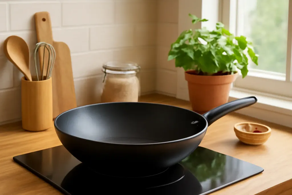 Editorial photo illustrating flat base wok induction