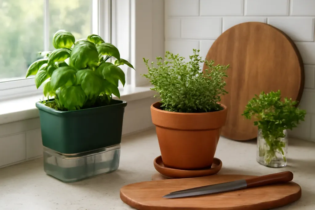 Editorial photo illustrating self watering vs terracotta planter