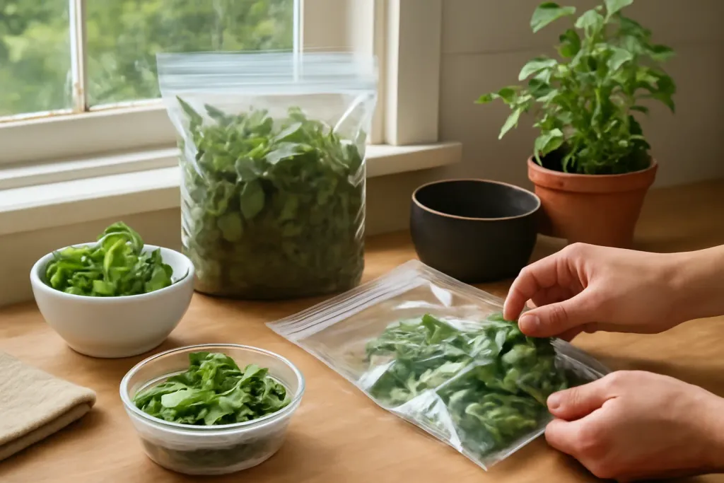 Editorial photo illustrating how to freeze thai basil
