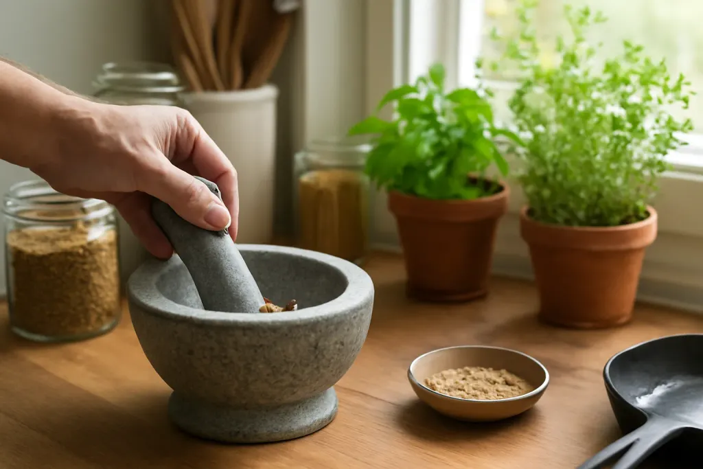 Editorial photo illustrating mortar and pestle chipping