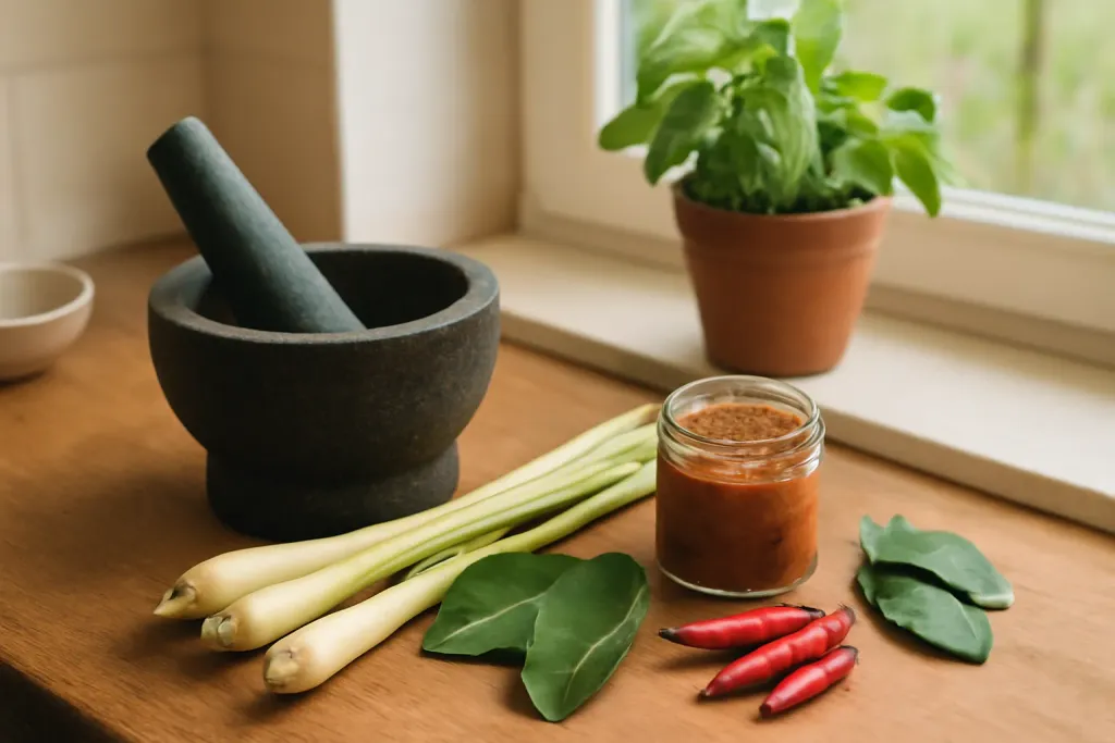 Editorial illustration of a home kitchen counter with Thai aromatics, a mortar and pestle, and a small windowsill herb planter