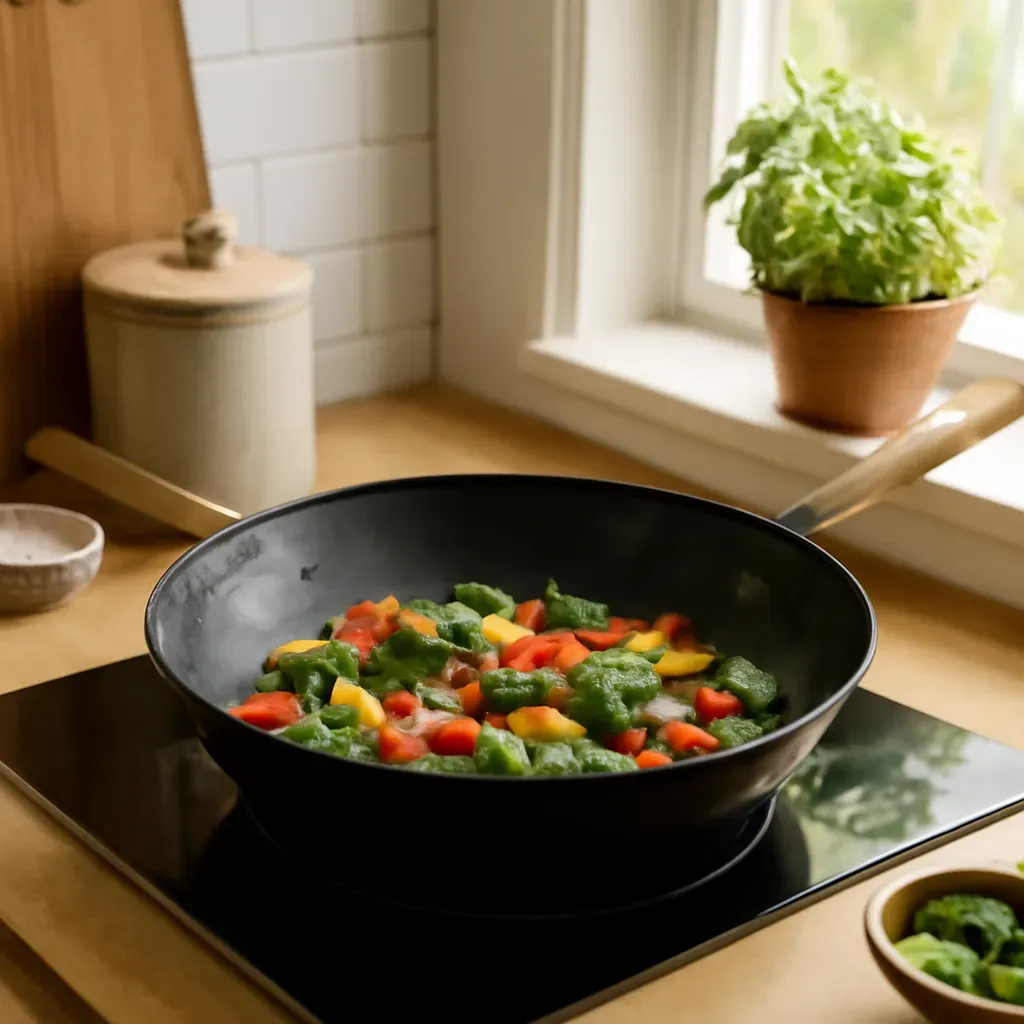 AI-generated editorial product photograph (not the exact linked listing) of carbon steel wok (flat base)