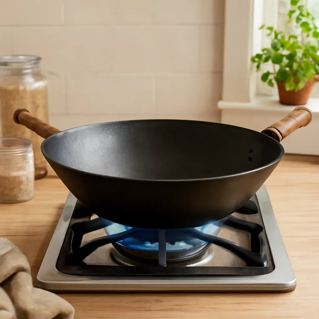 AI-generated editorial product photograph (not the exact linked listing) of carbon steel wok (round base)