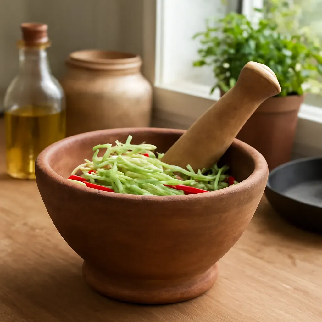 AI-generated editorial product photograph (not the exact linked listing) of clay mortar and pestle for salads