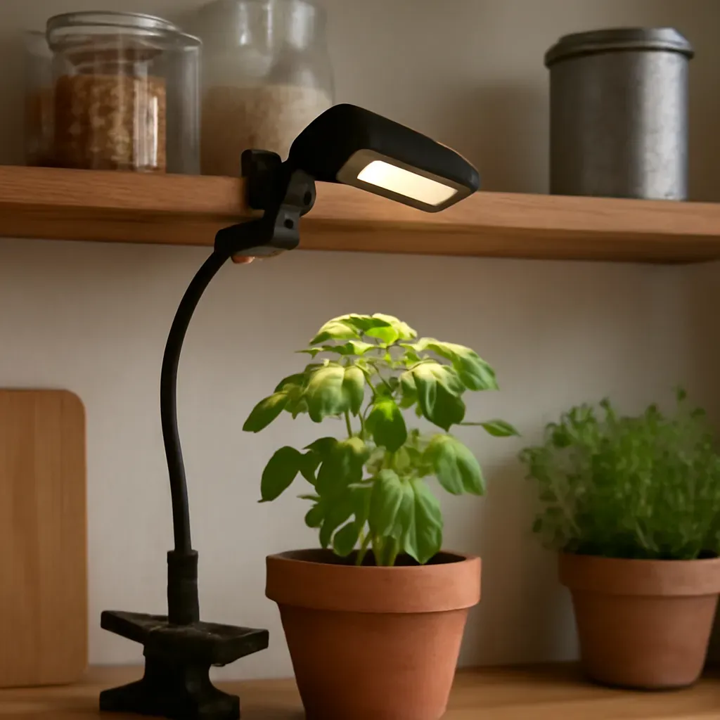 AI-generated editorial product photograph (not the exact linked listing) of clip-on grow light