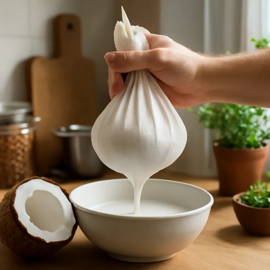 AI-generated editorial product photograph (not the exact linked listing) of coconut milk straining bag