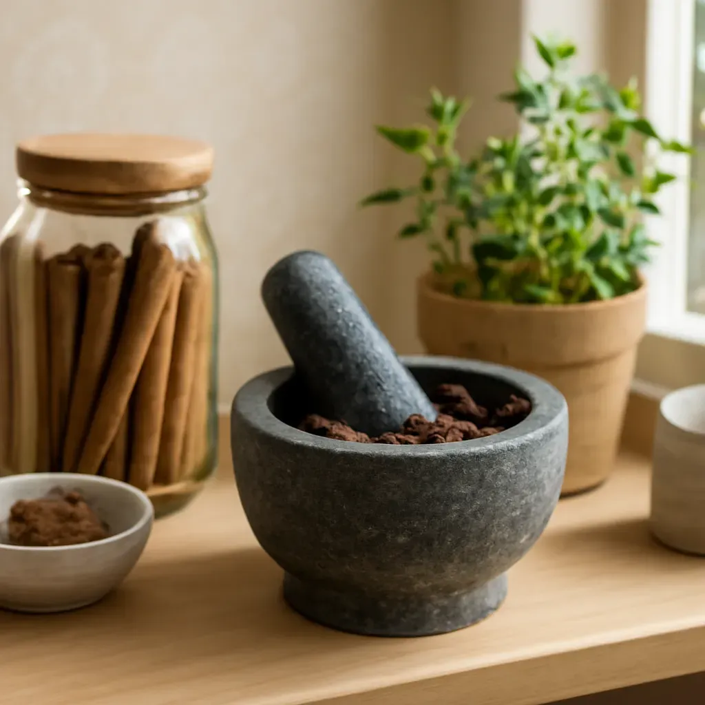 AI-generated editorial product photograph (not the exact linked listing) of compact mortar and pestle
