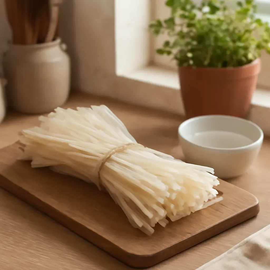 AI-generated editorial product photograph (not the exact linked listing) of dried rice noodles