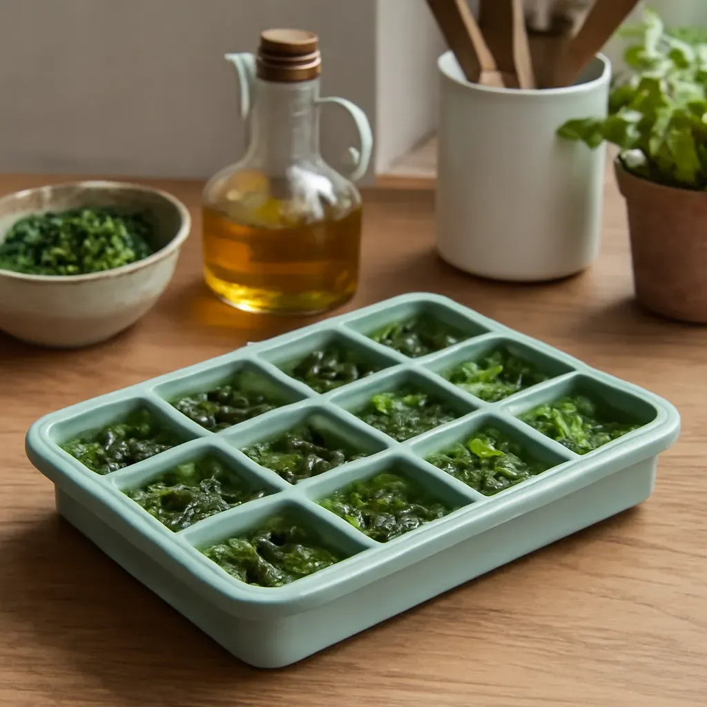 AI-generated editorial product photograph (not the exact linked listing) of freezer herb cube trays