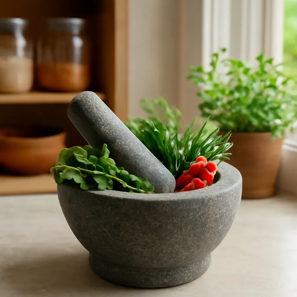 AI-generated editorial product photograph (not the exact linked listing) of large granite mortar and pestle