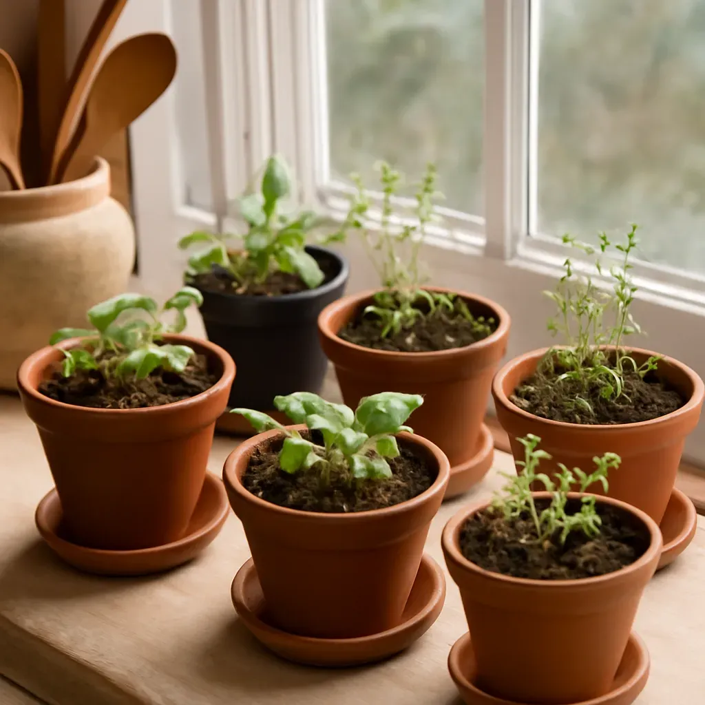 AI-generated editorial product photograph (not the exact linked listing) of multi-variety thai herb growing kit
