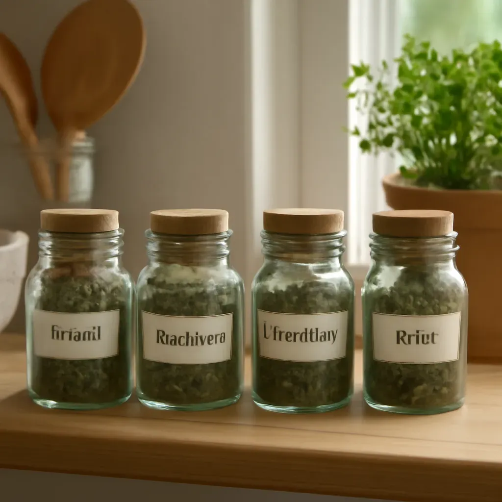 AI-generated editorial product photograph (not the exact linked listing) of labeled herb storage jar set