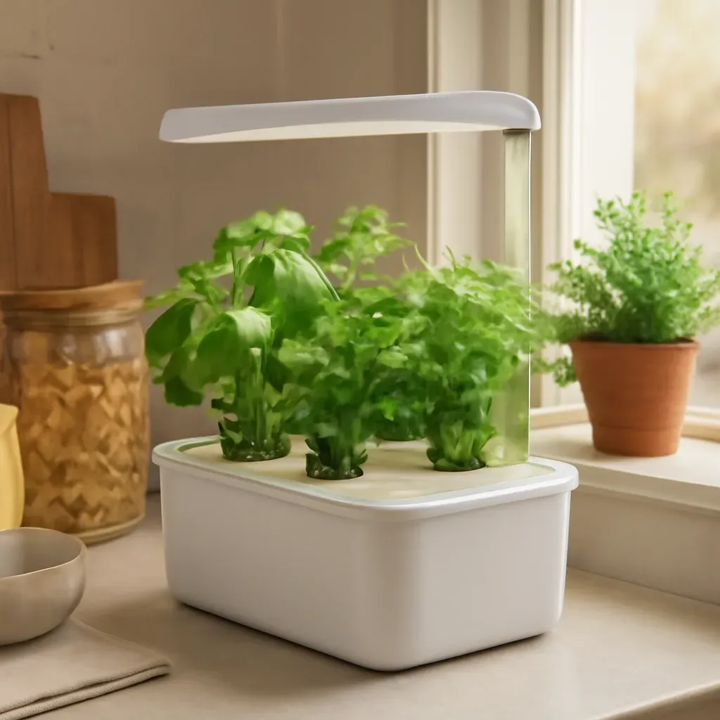 AI-generated editorial product photograph (not the exact linked listing) of hydroponic countertop garden