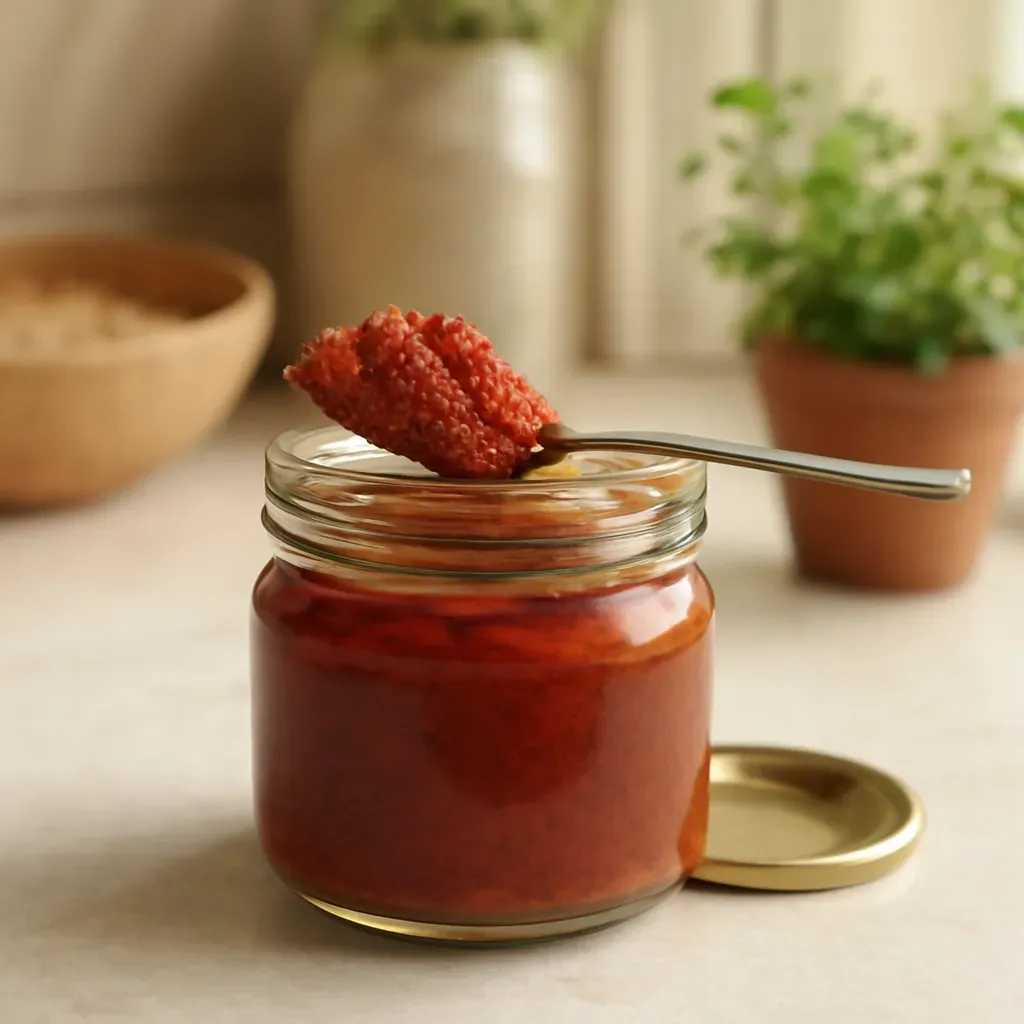 AI-generated editorial product photograph (not the exact linked listing) of red curry paste