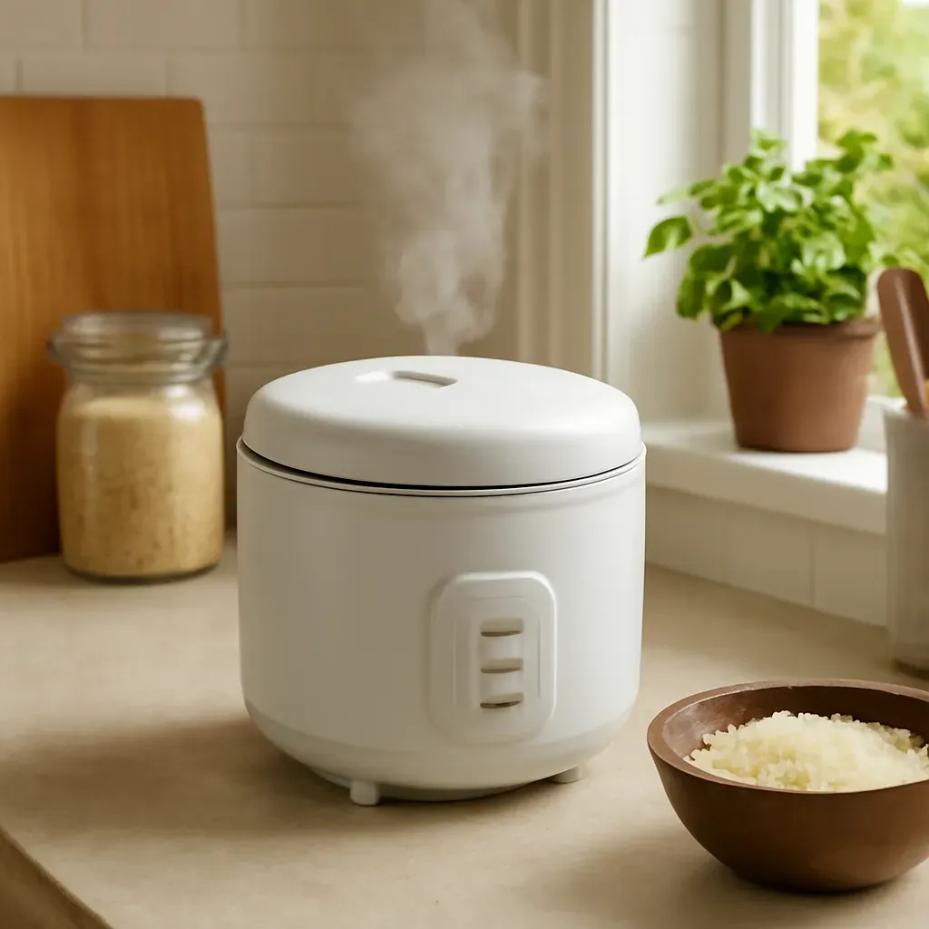 AI-generated editorial product photograph (not the exact linked listing) of compact rice cooker (small capacity)