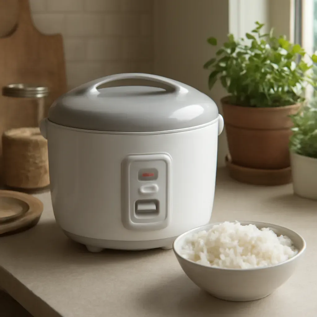 AI-generated editorial product photograph (not the exact linked listing) of family-size rice cooker