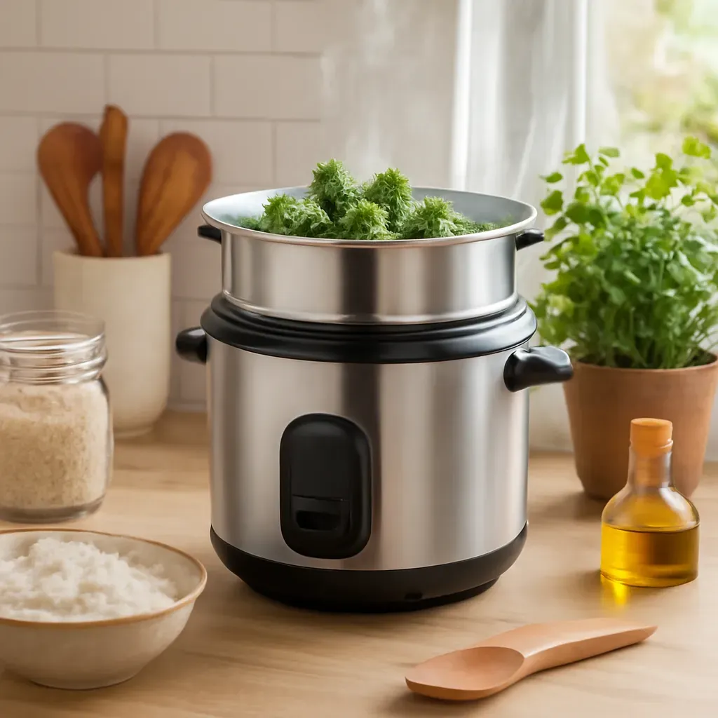 AI-generated editorial product photograph (not the exact linked listing) of multi-function rice cooker