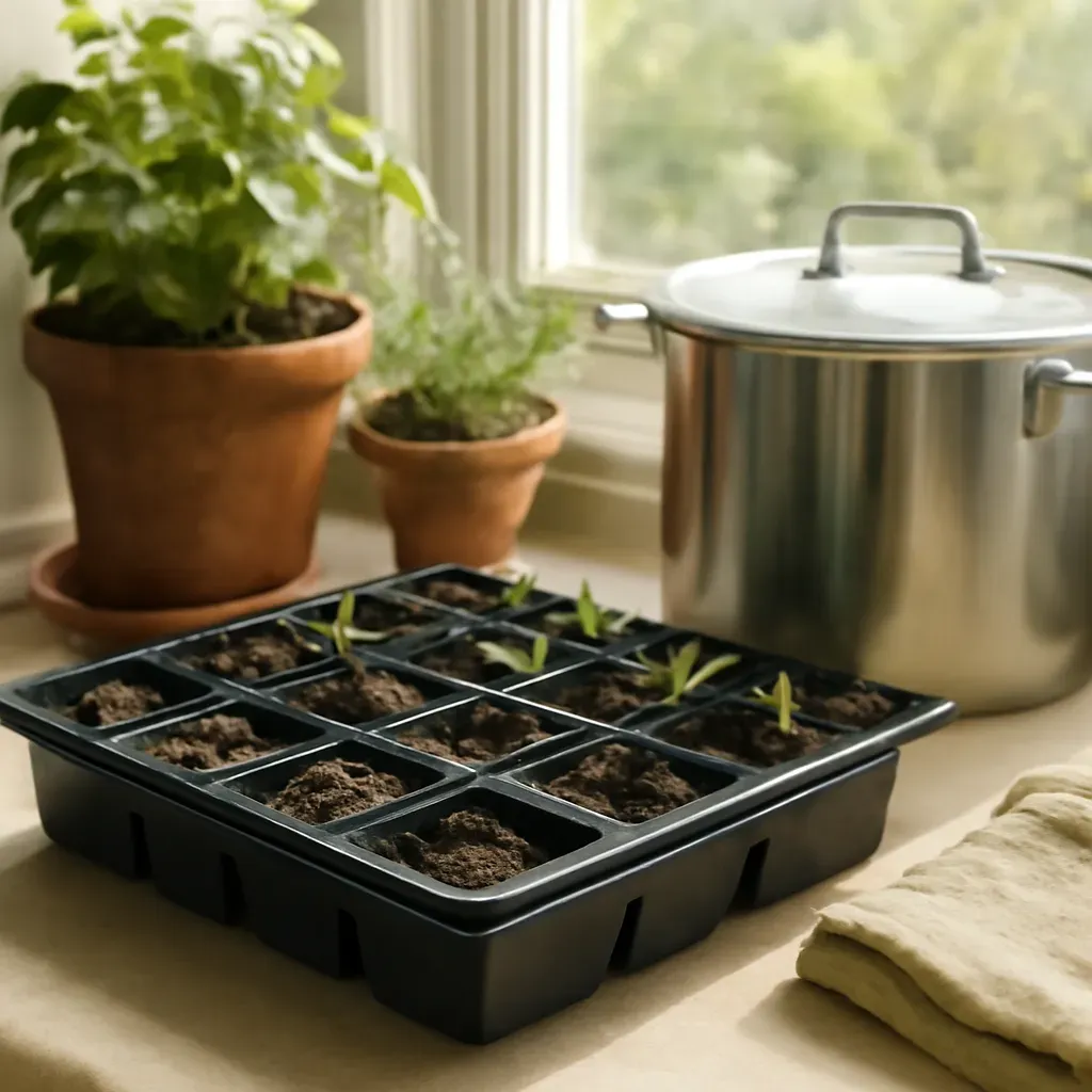 AI-generated editorial product photograph (not the exact linked listing) of seed-starting mix and trays
