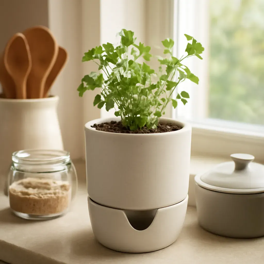 AI-generated editorial product photograph (not the exact linked listing) of self-watering herb planter