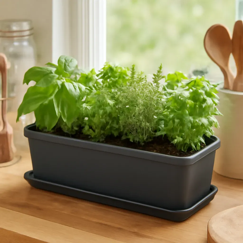AI-generated editorial product photograph (not the exact linked listing) of soil-based countertop herb garden