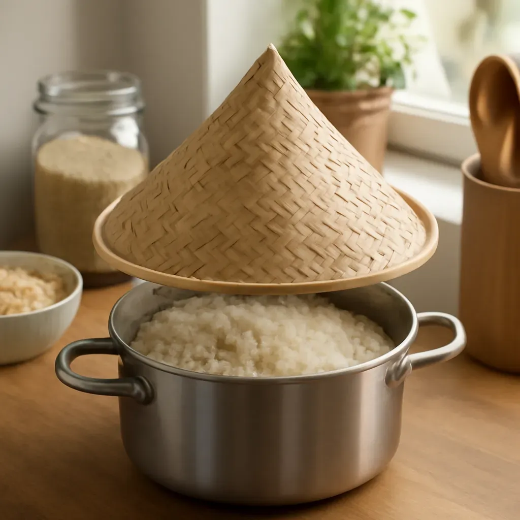 AI-generated editorial product photograph (not the exact linked listing) of sticky rice steamer basket set