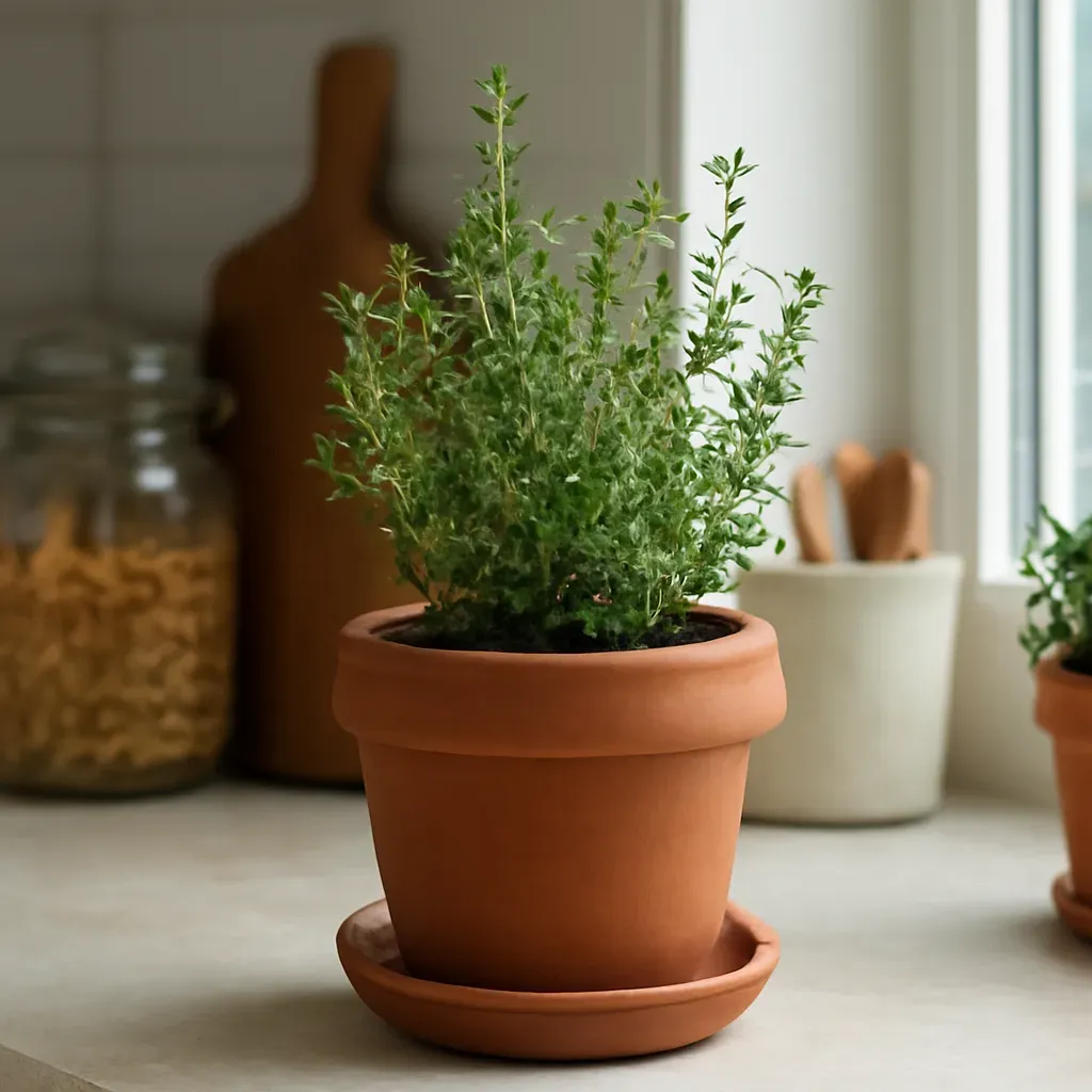 AI-generated editorial product photograph (not the exact linked listing) of terracotta herb planter with drainage
