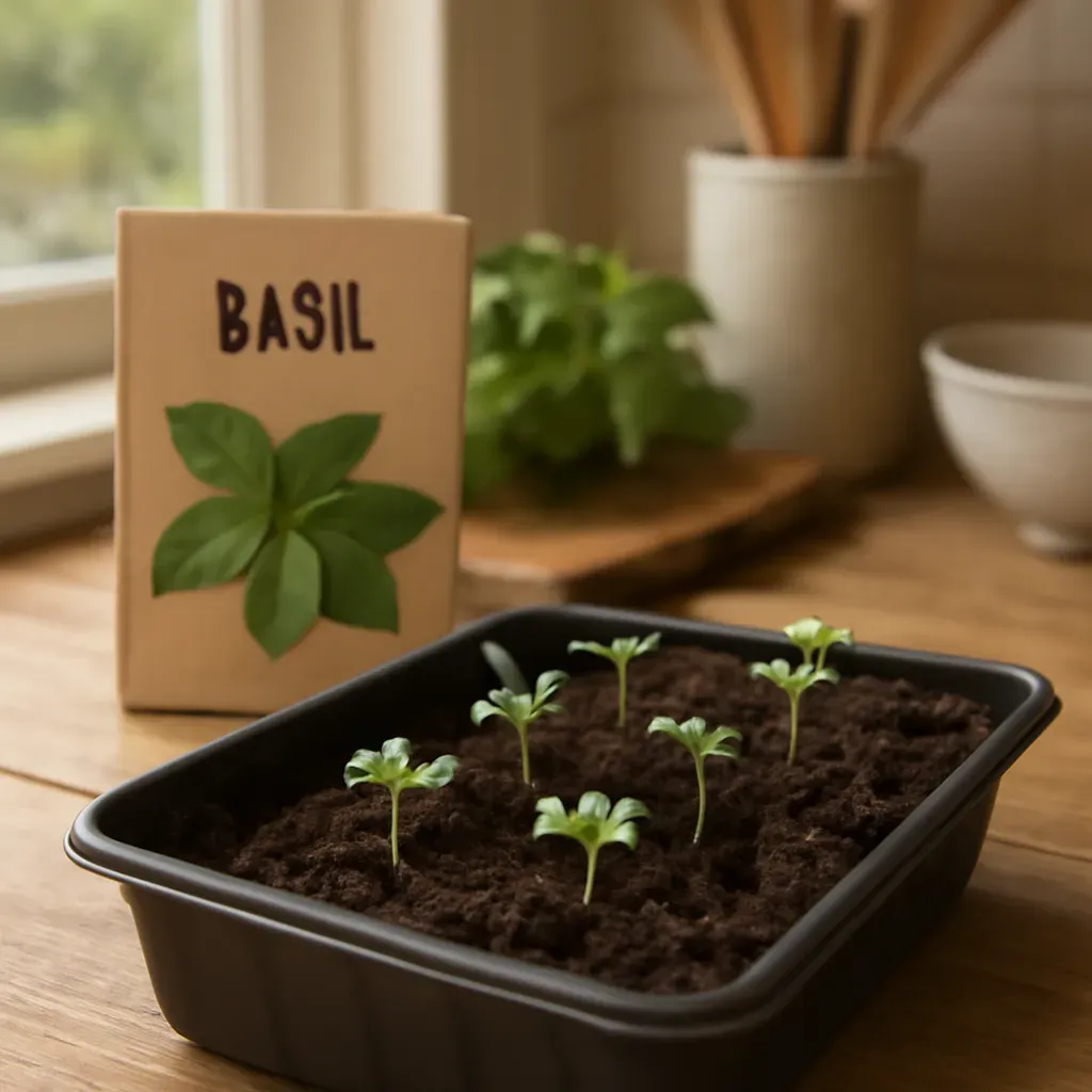 AI-generated editorial product photograph (not the exact linked listing) of thai basil seeds