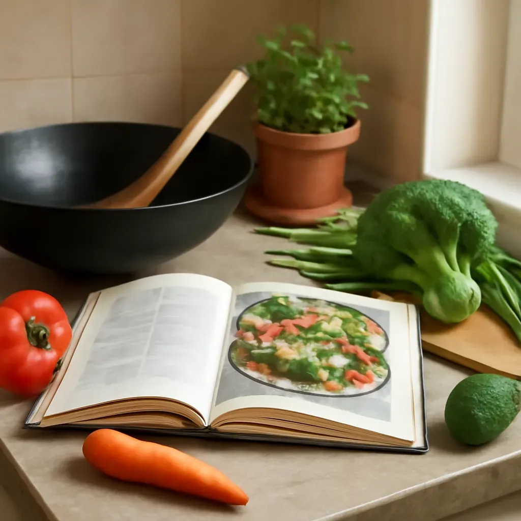 AI-generated editorial product photograph (not the exact linked listing) of weeknight thai cooking cookbook