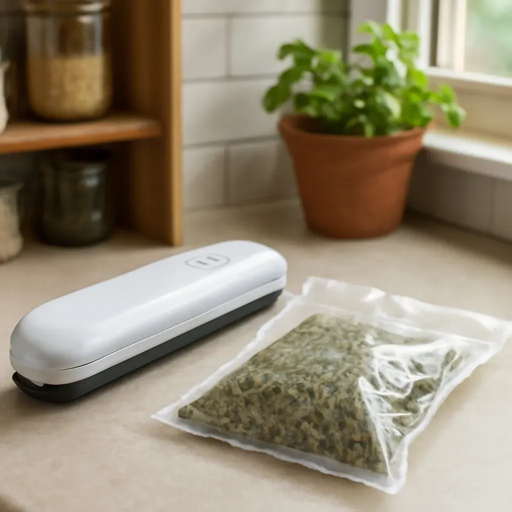 AI-generated editorial product photograph (not the exact linked listing) of vacuum-seal herb storage kit