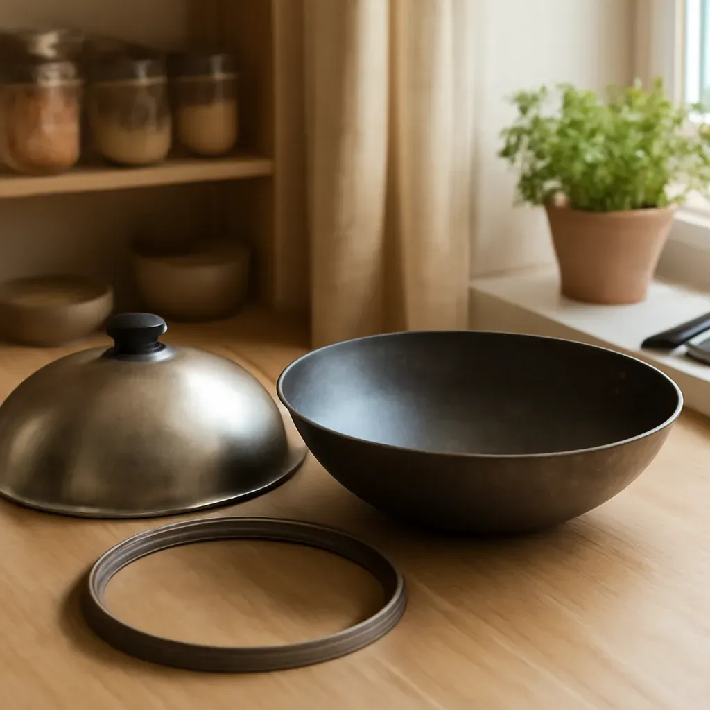 AI-generated editorial product photograph (not the exact linked listing) of wok lid and stabilizing ring