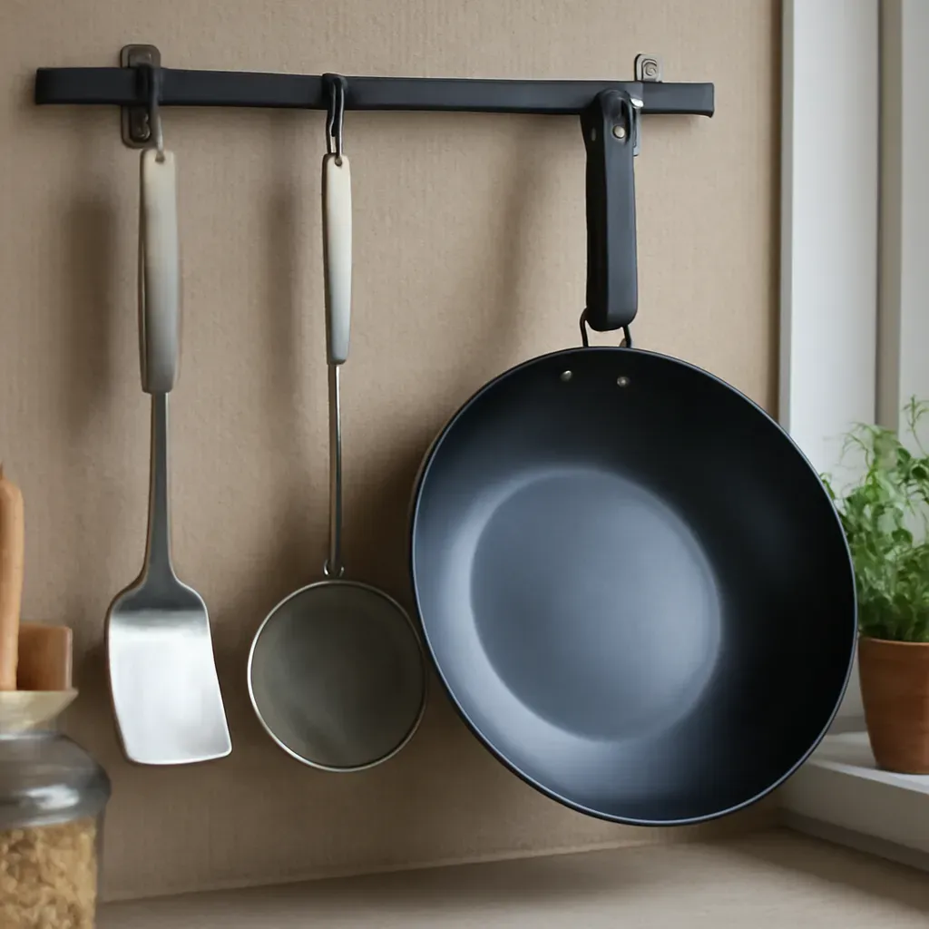 AI-generated editorial product photograph (not the exact linked listing) of wok spatula and skimmer set