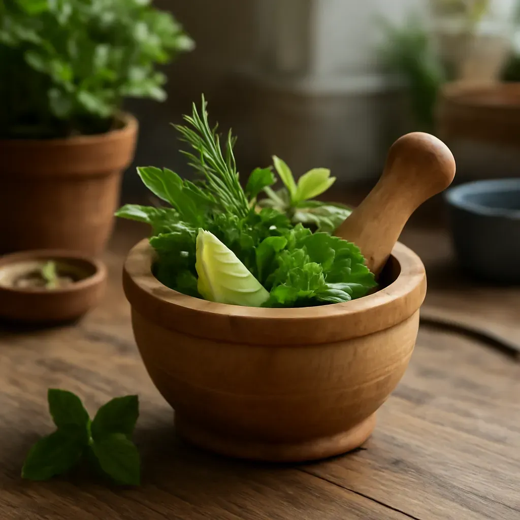 AI-generated editorial product photograph (not the exact linked listing) of wooden mortar and pestle
